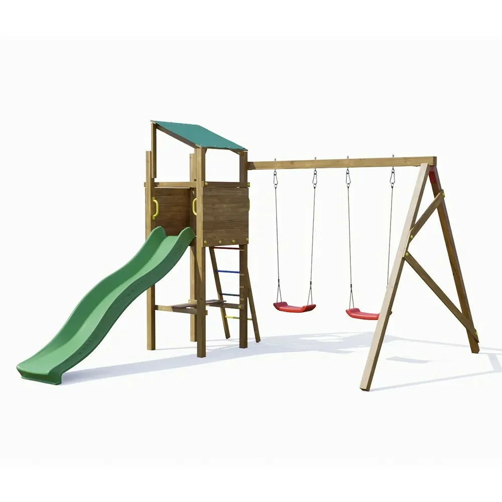 Parc jeux bois Swing TGG Play: toboggan et deux balançoires