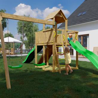 Parc de jeux en bois pour jardin Woody Tree House TGG Play avec deux toboggans, deux balançoires et bac à sable