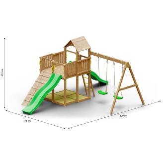 Parc de jeux en bois pour jardin Woody Tree House TGG Play avec deux toboggans, deux balançoires et bac à sable