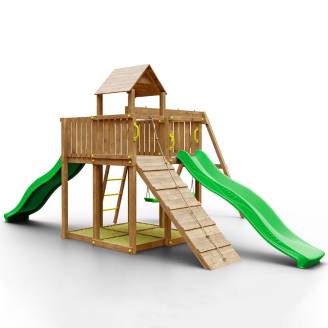 Parc de jeux en bois pour jardin Woody Tree House TGG Play avec deux toboggans, deux balançoires et bac à sable