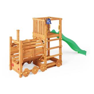 Train Aire de Jeux en Bois Fungoo Loco avec Toboggan Couleur Teck