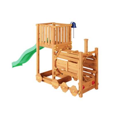 Train Aire de Jeux en Bois Fungoo Loco avec Toboggan Couleur Teck