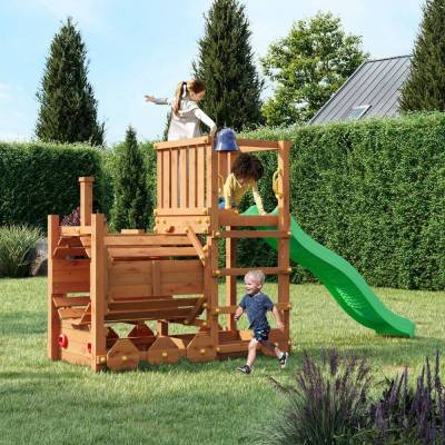 Train Aire de Jeux en Bois Fungoo Loco avec Toboggan Couleur Teck