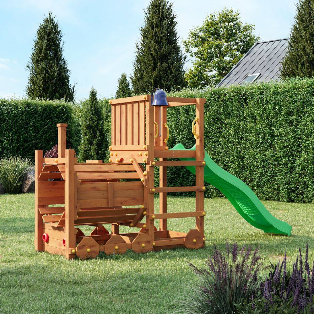 Train Aire de Jeux en Bois Fungoo Loco avec Toboggan Couleur Teck