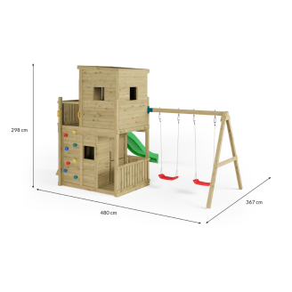 Maison de Jeux en Bois Fungoo Lofter 2S avec Toboggan, Deux Balançoires et Mur d'Escalade