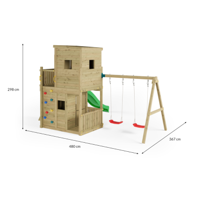 Maison de Jeux en Bois Fungoo Lofter 2S avec Toboggan, Deux Balançoires et Mur d'Escalade