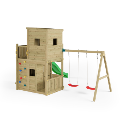 Maison de Jeux en Bois Fungoo Lofter 2S avec Toboggan, Deux Balançoires et Mur d'Escalade