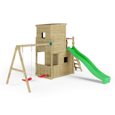 Maison de Jeux en Bois Fungoo Lofter 2S avec Toboggan, Deux Balançoires et Mur d'Escalade