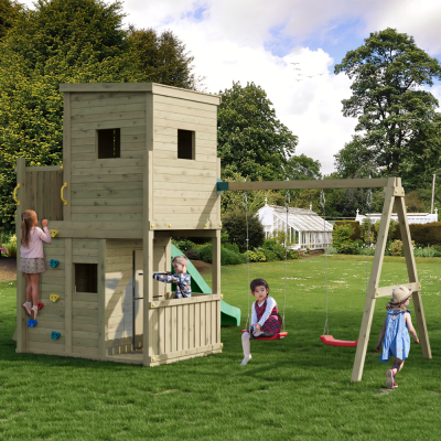 Maison de Jeux en Bois Fungoo Lofter 2S avec Toboggan, Deux Balançoires et Mur d'Escalade