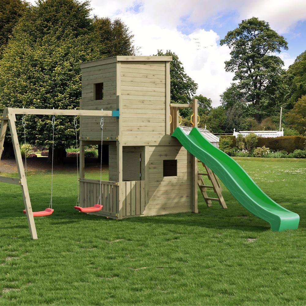 Maison de Jeux en Bois Fungoo Lofter 2S avec Toboggan, Deux Balançoires et Mur d'Escalade