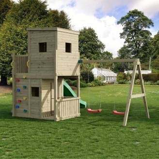 Maison de Jeux en Bois Fungoo Lofter 2S avec Toboggan, Deux Balançoires et Mur d'Escalade