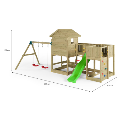 Maison de Jeux en Bois Fungoo Longstepper avec Toboggan, Deux Balançoires, Table de Pique-Nique et Mur d'Escalade