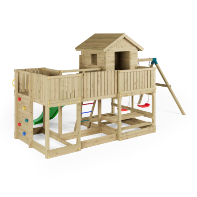 Maison de Jeux en Bois Fungoo Longstepper avec Toboggan, Deux Balançoires, Table de Pique-Nique et Mur d'Escalade