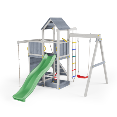 Cabane en bois pour enfants avec toboggan et balançoire – Aire de jeux Fungoo ACTIVER KDI Gris et Blanc