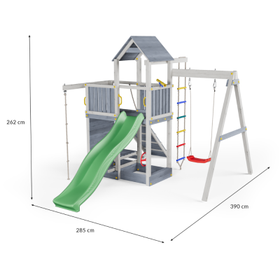 Cabane en bois pour enfants avec toboggan et balançoire – Aire de jeux Fungoo ACTIVER KDI Gris et Blanc