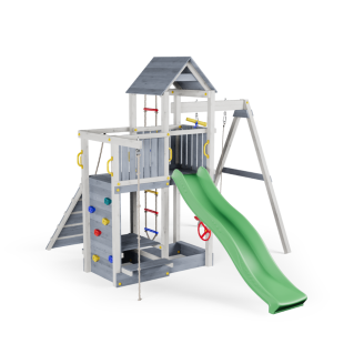 Cabane en bois pour enfants avec toboggan et balançoire – Aire de jeux Fungoo ACTIVER KDI Gris et Blanc