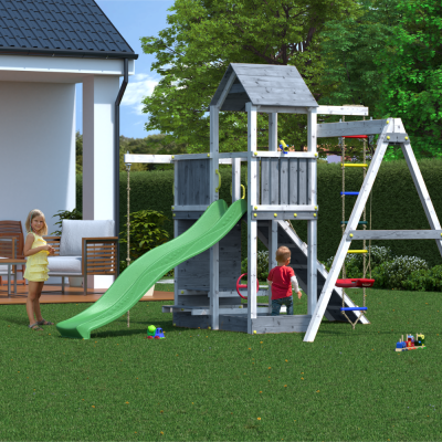 Cabane en bois pour enfants avec toboggan et balançoire – Aire de jeux Fungoo ACTIVER KDI Gris et Blanc