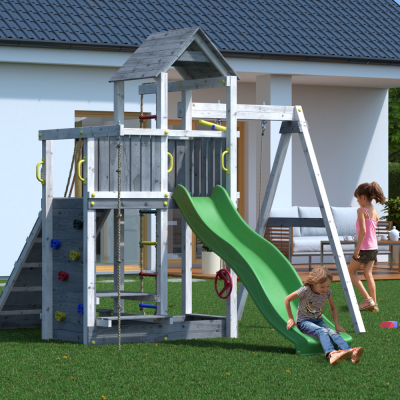 Cabane en bois pour enfants avec toboggan et balançoire – Aire de jeux Fungoo ACTIVER KDI Gris et Blanc