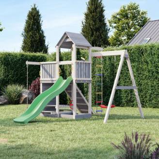 Cabane en bois pour enfants avec toboggan et balançoire – Aire de jeux Fungoo ACTIVER KDI Gris et Blanc