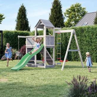 Cabane en bois pour enfants avec toboggan et balançoire – Aire de jeux Fungoo ACTIVER KDI Gris et Blanc