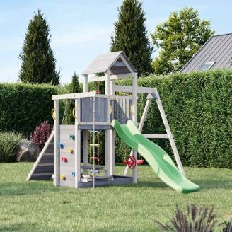 Cabane en bois pour enfants avec toboggan et balançoire – Aire de jeux Fungoo ACTIVER KDI Gris et Blanc